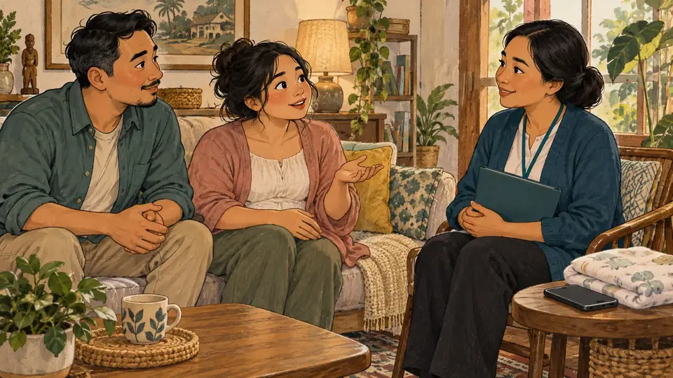 Karikatur konseptual ibu dan pendamping rekaan membicarakan jalur bantuan menyusui, tanpa memperagakan teknik atau menilai pilihan pemberian makan bayi.
