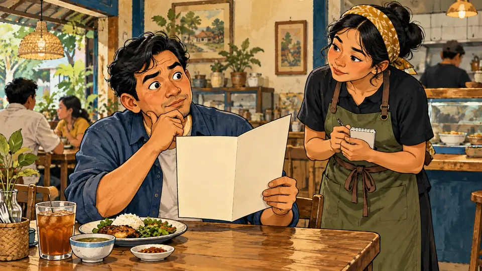 Karikatur konseptual pembaca dewasa rekaan meninjau menu polos sambil menanyakan dasar informasi makanan, tanpa angka energi atau penilaian tubuh.