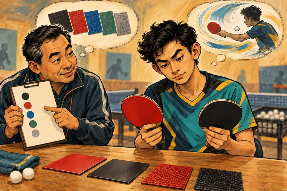 Karikatur konseptual pemain tenis meja membandingkan permukaan raket dan kebutuhan bermainnya.