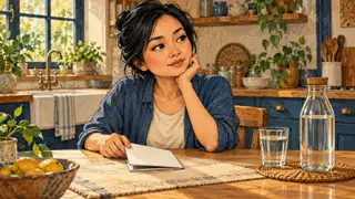 Karikatur konseptual pembaca dewasa rekaan mempertimbangkan klaim air minum di samping gelas dan botol polos, tanpa volume atau janji manfaat.
