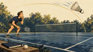 Karikatur konseptual pengamat rekaan menelaah lintasan shuttle yang melambat dan jatuh curam di lapangan badminton.