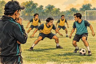 Karikatur konseptual tekanan sepak bola dengan dukungan beberapa rekan di belakang pemain pertama.