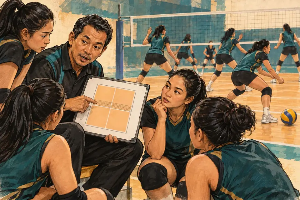 Karikatur konseptual tim voli membahas urutan dan pergerakan posisi setelah servis.