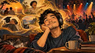 Karikatur konseptual: Pendengar musik fiktif mengenang pengalaman melalui lagu. Bukan foto kejadian atau potret tokoh sebenarnya.