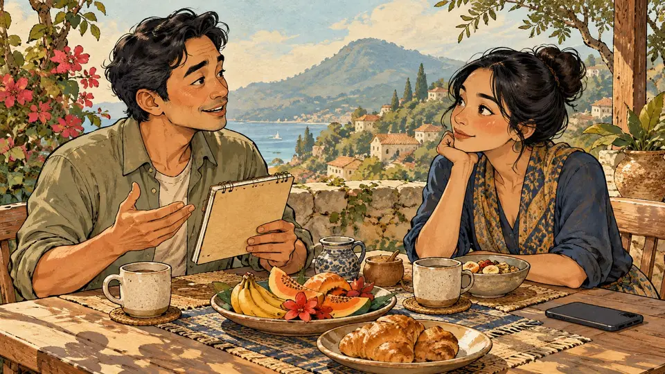 Karikatur konseptual pasangan dewasa rekaan berbincang mengenai kebiasaan bersama, tanpa skor atau ramalan kecocokan.