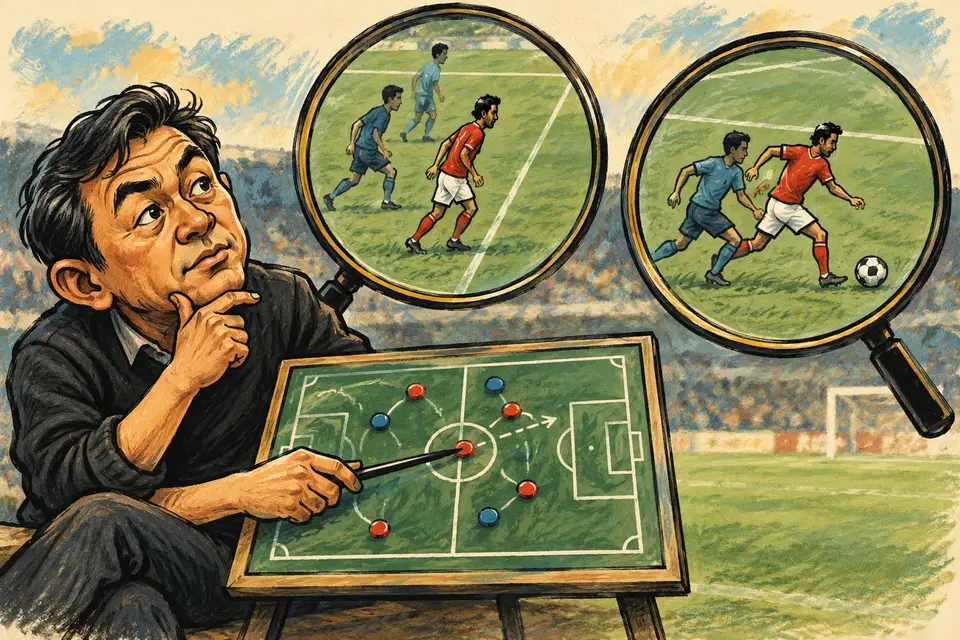 Karikatur konseptual pengamat sepak bola meninjau posisi pemain dan gerakan menuju bola, bukan dokumentasi pertandingan.