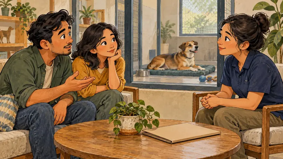 Karikatur konseptual calon pengadopsi dan pendamping shelter rekaan membicarakan tanggung jawab sementara seekor anjing beristirahat dengan tenang.
