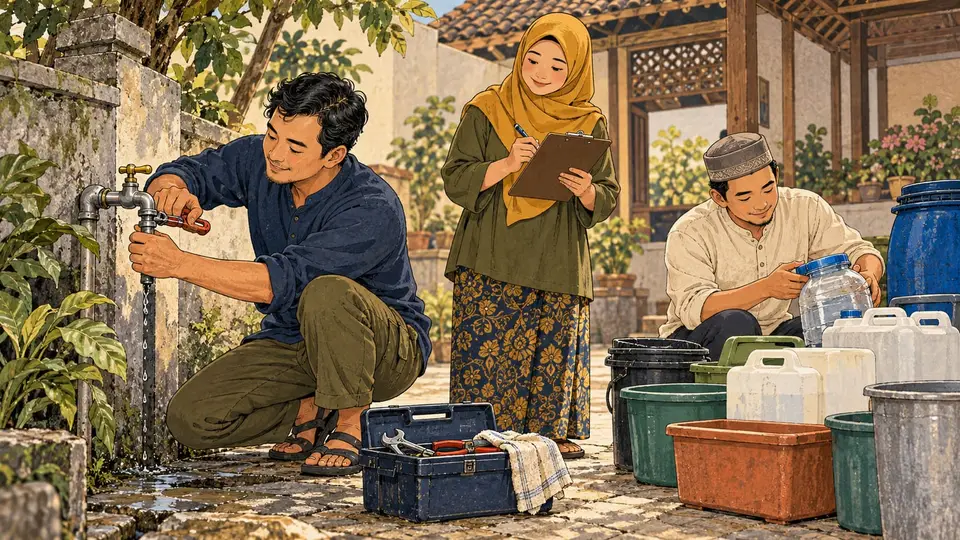 Karikatur konseptual warga memperbaiki keran dan memeriksa kebiasaan pengelolaan barang di halaman bersama. Tokoh dan adegan rekaan.
