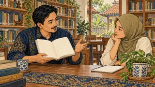 Karikatur konseptual pembaca dewasa berdiskusi setelah membaca di ruang belajar, menggambarkan pemahaman dan tanggung jawab terhadap pengetahuan. Adegan rekaan.