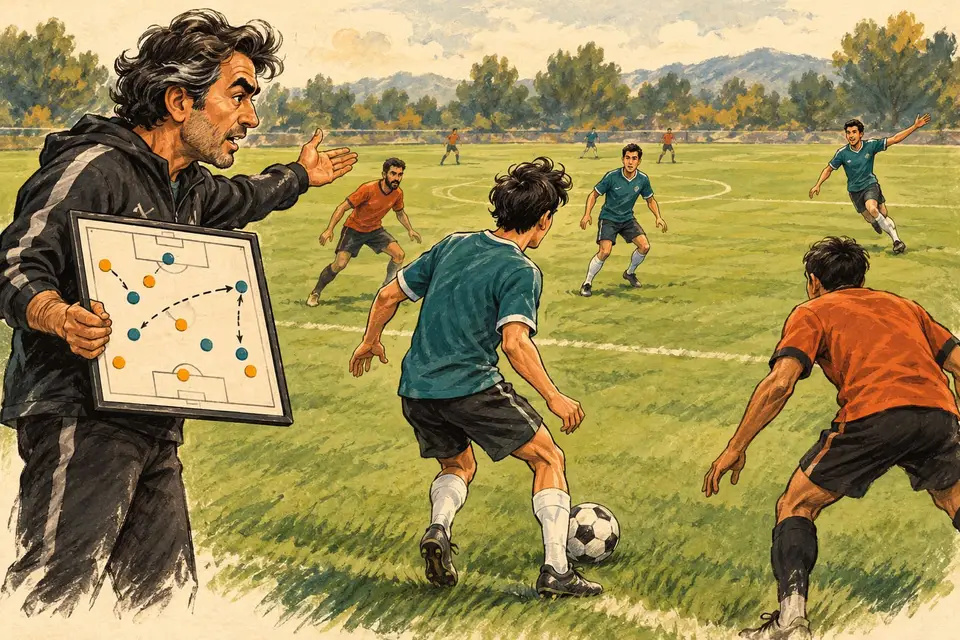 Karikatur konseptual pemain sepak bola melihat pilihan umpan lebar dan ruang tengah.