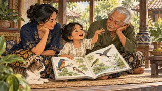 Karikatur konseptual anak, pengasuh, dan kakek atau nenek rekaan berbagi cerita keluarga, tanpa simbol peringkat kemampuan bahasa.