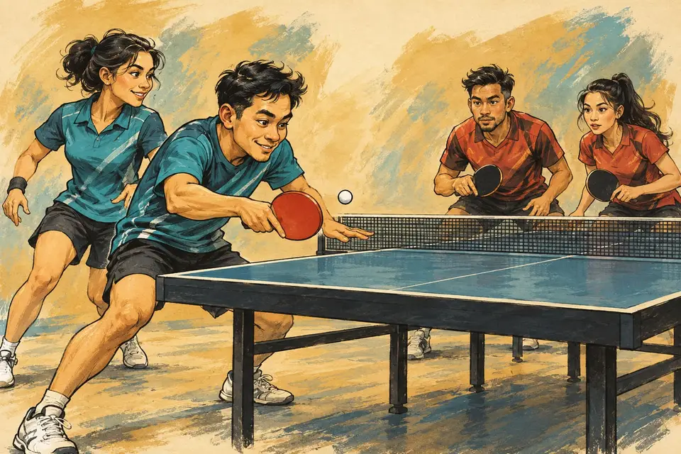 Karikatur konseptual pasangan ganda tenis meja mengatur giliran pukulan dan ruang gerak.