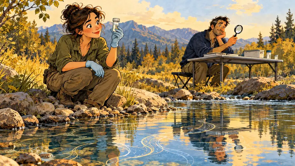 Karikatur konseptual peneliti rekaan mengamati botol sampel di tepi sungai; motif benang di air melambangkan jejak genetik, bukan hasil pengukuran.