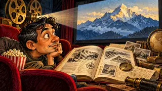 Karikatur konseptual: Penonton fiktif membandingkan kisah gunung di layar dengan bahan sejarah. Bukan foto kejadian atau potret tokoh sebenarnya.