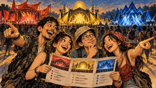 Karikatur konseptual: Pengunjung festival fiktif memilih panggung musik yang ingin dinikmati. Bukan foto kejadian atau potret tokoh sebenarnya.