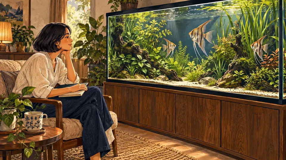 Karikatur konseptual pemelihara rekaan mengamati ikan berbentuk angelfish menggunakan ruang di akuarium, tanpa menafsirkan perilakunya sebagai diagnosis.