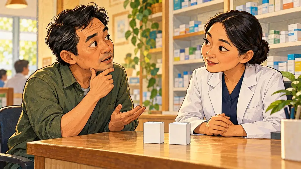 Karikatur konseptual pasien dan apoteker rekaan membicarakan dua kemasan netral tanpa menentukan penggantian obat.
