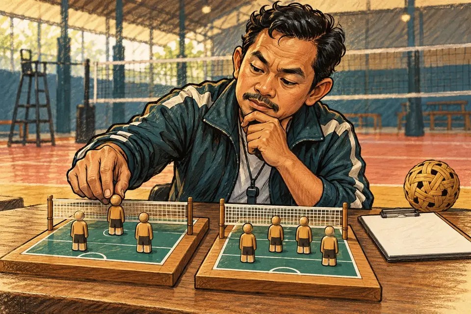 Karikatur konseptual pelatih takraw membandingkan susunan kelompok pemain pada model lapangan.