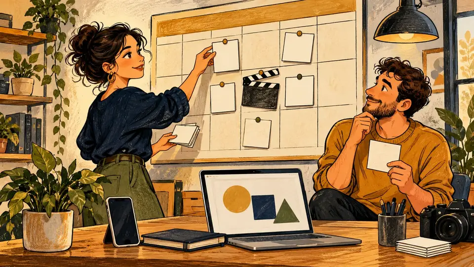 Karikatur konseptual kreator rekaan merencanakan kalender konten visual dan video, tanpa logo platform atau identitas perusahaan.