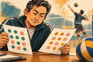 Karikatur konseptual pencatatan serangan voli yang menimbang keberhasilan bersama kesalahan.