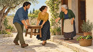 Karikatur konseptual tetangga bekerja bersama membantu kebutuhan praktis di halaman rumah, menggambarkan kemurahan hati tanpa pertunjukan. Adegan rekaan.