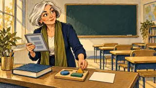 Karikatur konseptual guru rekaan merencanakan kegiatan belajar di samping perangkat digital; kemampuan fitur dibedakan dari pemahaman murid.
