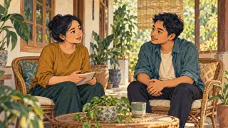 Karikatur konseptual dua teman berbicara dengan tenang di teras, satu bercerita dan yang lain mendengarkan.