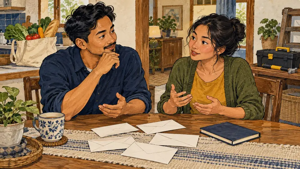 Karikatur konseptual pasangan dewasa rekaan membicarakan kebutuhan rumah tangga melalui catatan dan amplop polos, tanpa nasihat keuangan atau prediksi hubungan.