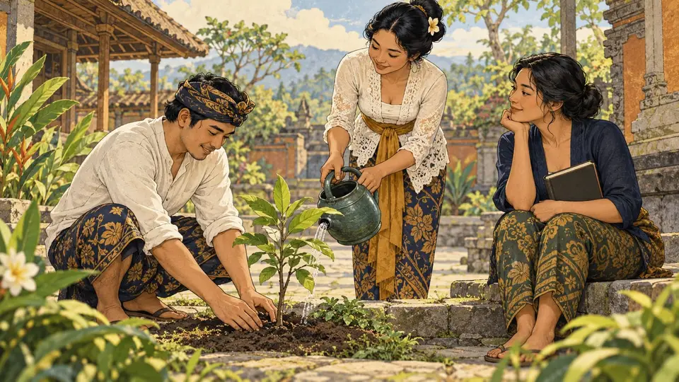 Karikatur konseptual warga merawat tanaman dan bekerja bersama di halaman, sebagai kiasan perhatian pada relasi antarmanusia dan lingkungan. Adegan rekaan.
