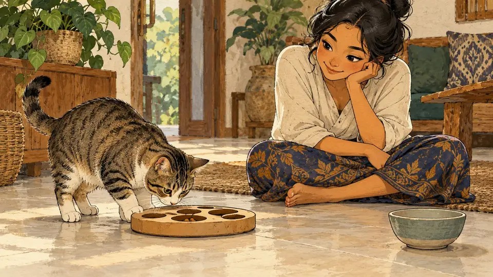 Karikatur konseptual kucing rekaan mengamati mainan makan sederhana saat pengasuh memperhatikan responsnya, tanpa dosis makanan atau klaim kesehatan.