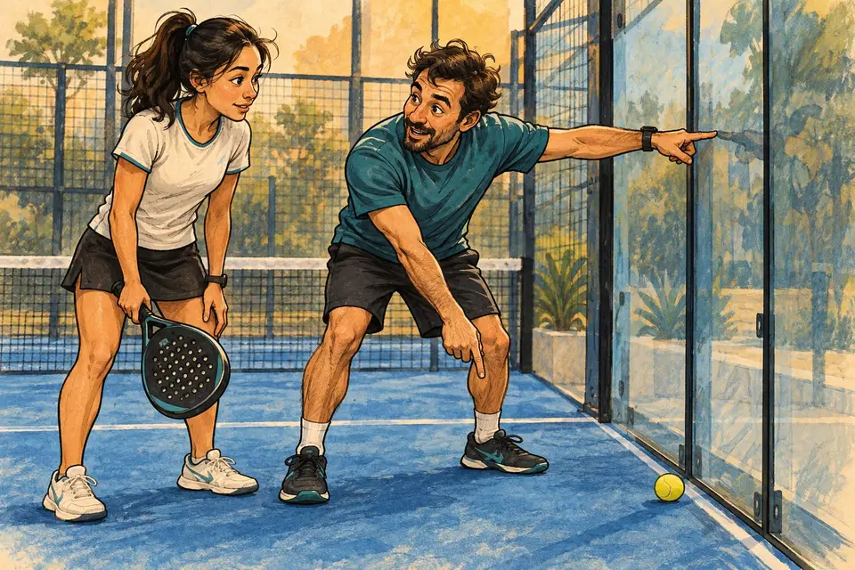 Karikatur konseptual pelatih padel menjelaskan lantai dan dinding saat membahas pantulan.