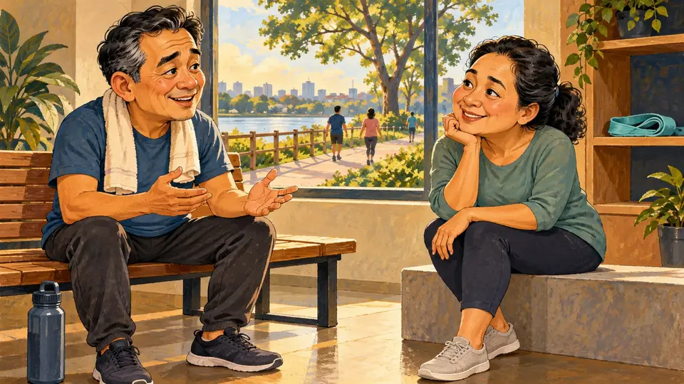 Karikatur konseptual dua peserta dewasa rekaan membahas jenis aktivitas di ruang komunitas dengan perlengkapan netral, tanpa memperagakan program latihan.