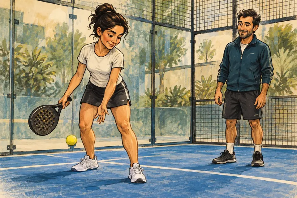 Karikatur konseptual persiapan servis padel dengan pantulan bola dan raket di bawah pinggang.