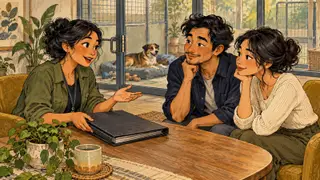 Karikatur konseptual calon pengadopsi dan pendamping shelter rekaan membahas batas pengamatan perilaku, tanpa cap lulus tes atau jaminan aman.
