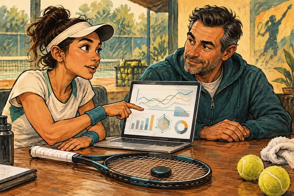 Karikatur konseptual pemain tenis membahas data sensor raket bersama pelatih.