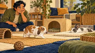 Karikatur konseptual kelinci rekaan menggunakan area lantai yang saling terhubung dan tempat berlindung, bukan rancangan kandang berukuran tertentu.