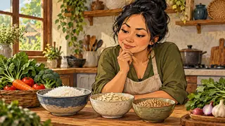 Karikatur konseptual tokoh dewasa rekaan memperhatikan ragam bahan pangan di dapur, tanpa angka gizi atau menu terapi.