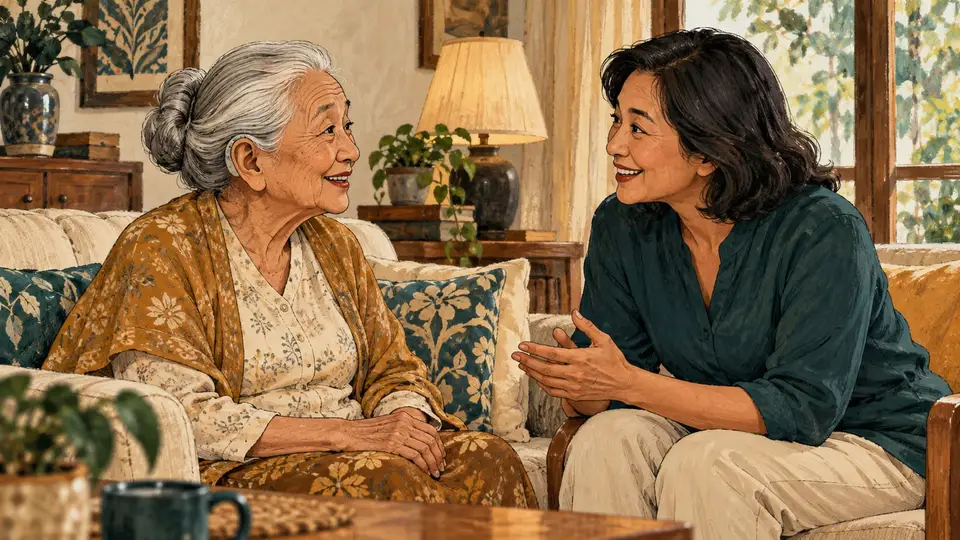 Karikatur konseptual perempuan lanjut usia dan anggota keluarga rekaan berbincang dengan alat bantu dengar netral, tanpa janji mencegah demensia.