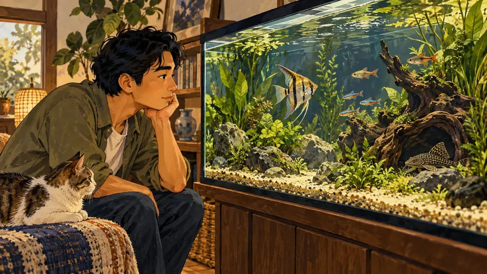 Karikatur konseptual pengamat dewasa rekaan memperhatikan ikan di lingkungannya tanpa menggambarkan emosi atau kecerdasan menyerupai manusia.