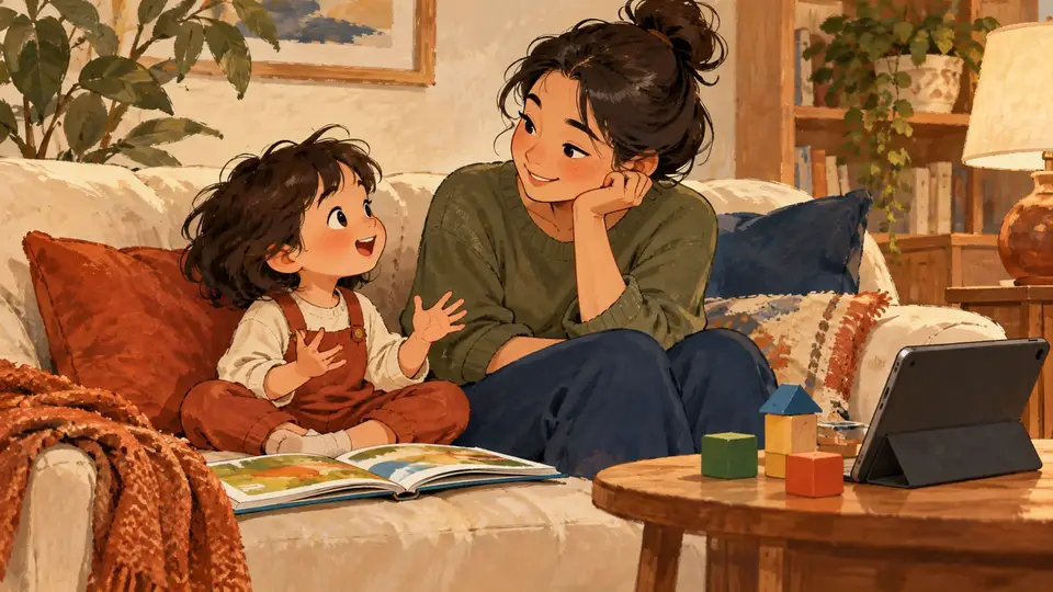 Karikatur konseptual pengasuh dan anak rekaan berbincang tentang cerita di layar yang membelakangi penonton, dengan kegiatan lain tersedia di dekatnya.