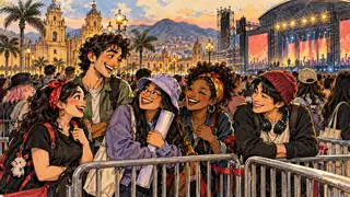 Karikatur konseptual: Penggemar musik fiktif saling mengenal saat menunggu konser. Bukan foto kejadian atau potret tokoh sebenarnya.
