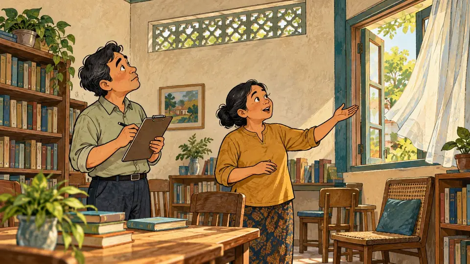 Karikatur konseptual pengelola ruang baca dan pemeriksa bangunan mengamati jendela terbuka serta lubang ventilasi.