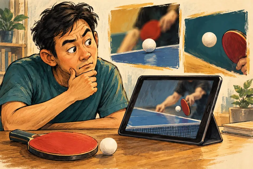 Karikatur konseptual pembaca meninjau video tenis meja dari beberapa sudut untuk memahami keterbatasan pengamatan spin.