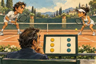 Karikatur konseptual pemain tenis bersiap melanjutkan game yang masih seimbang.