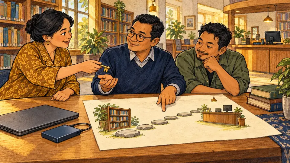 Karikatur konseptual pengelola perpustakaan membagi tanggung jawab pemulihan layanan dengan kunci, peta sederhana dan perangkat cadangan. Adegan rekaan.