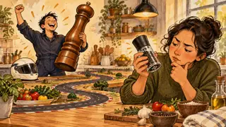 Karikatur konseptual dua tokoh rekaan menimbang cerita kemenangan balap dan kegunaan penggiling bumbu di dapur.