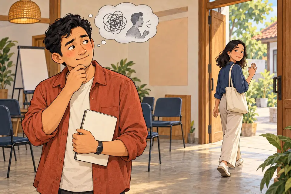 Karikatur seorang pria menimbang percakapan dalam pikirannya, sementara seorang perempuan melambaikan tangan saat beranjak melalui pintu terbuka. Pikiran lawan bicara tidak diperlihatkan; tokoh dan adegan rekaan.
