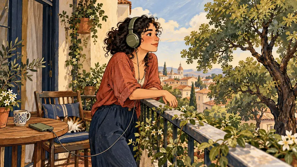 Karikatur konseptual tokoh dewasa rekaan menikmati jeda dengan headphone di balkon, tanpa klaim terapi musik.