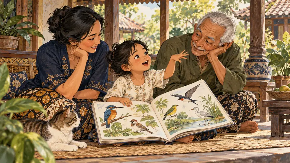 Karikatur konseptual anak, pengasuh, dan kakek atau nenek rekaan berbagi cerita keluarga, tanpa simbol peringkat kemampuan bahasa.