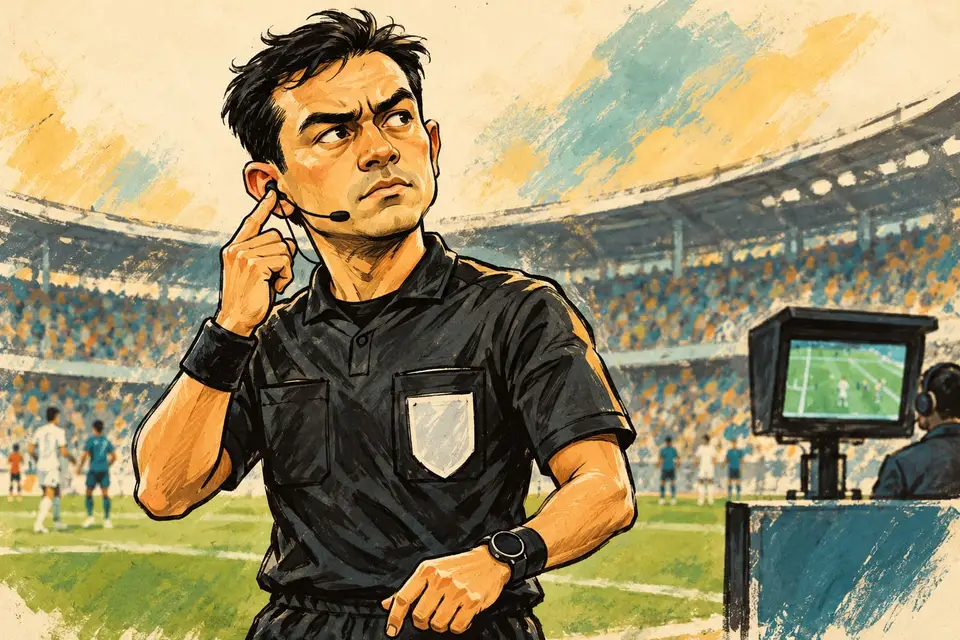 Karikatur konseptual wasit sepak bola berkomunikasi melalui earpiece, dengan monitor di tepi lapangan.